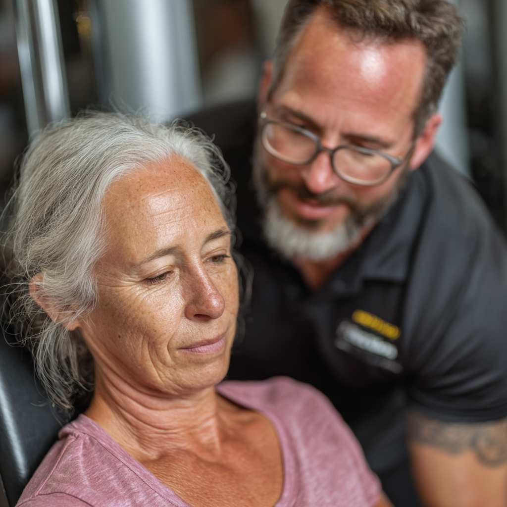 Fitness trainer providing personalized guidance to a middle-aged client during strength training session
