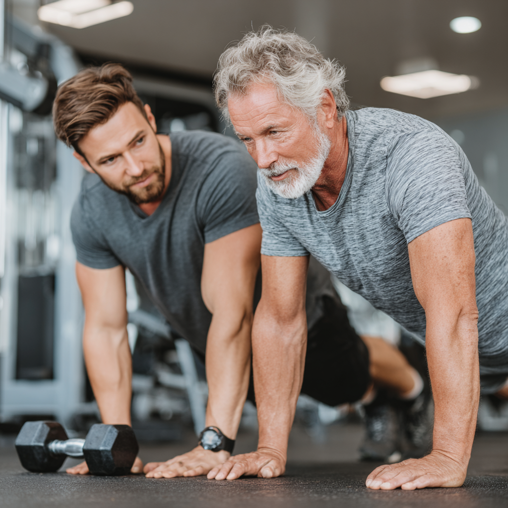 Professional trainer demonstrating proper form to a mature adult client in modern fitness facility
